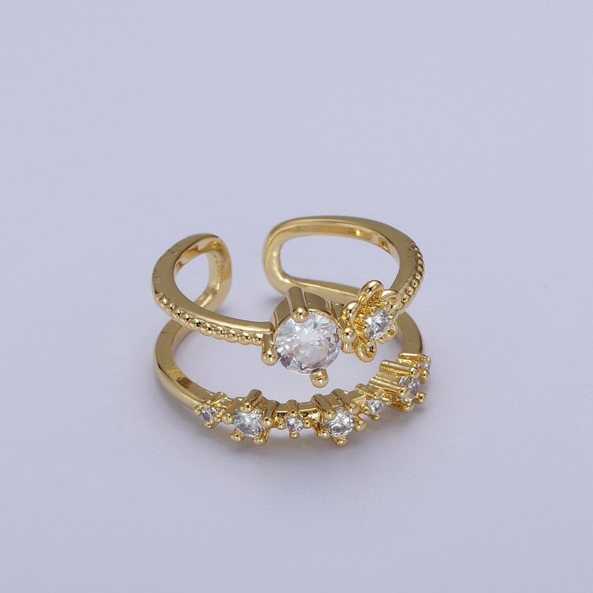 Gold Double Band Clear, Dark Blue, Pink, Green, Red, Light Blue Cubic Zirconia Beaded Ring | Y-392 ~ Y-397 - DLUXCA