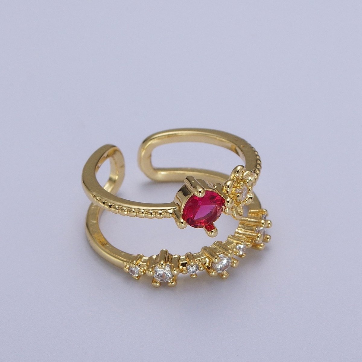 Gold Double Band Clear, Dark Blue, Pink, Green, Red, Light Blue Cubic Zirconia Beaded Ring | Y-392 ~ Y-397 - DLUXCA