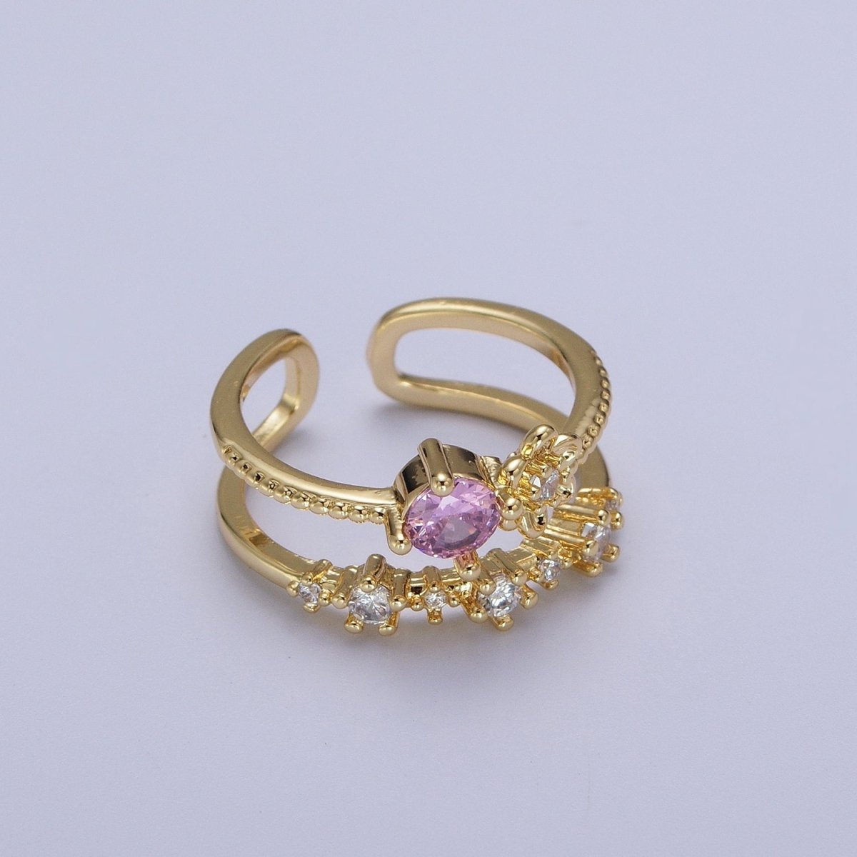 Gold Double Band Clear, Dark Blue, Pink, Green, Red, Light Blue Cubic Zirconia Beaded Ring | Y-392 ~ Y-397 - DLUXCA