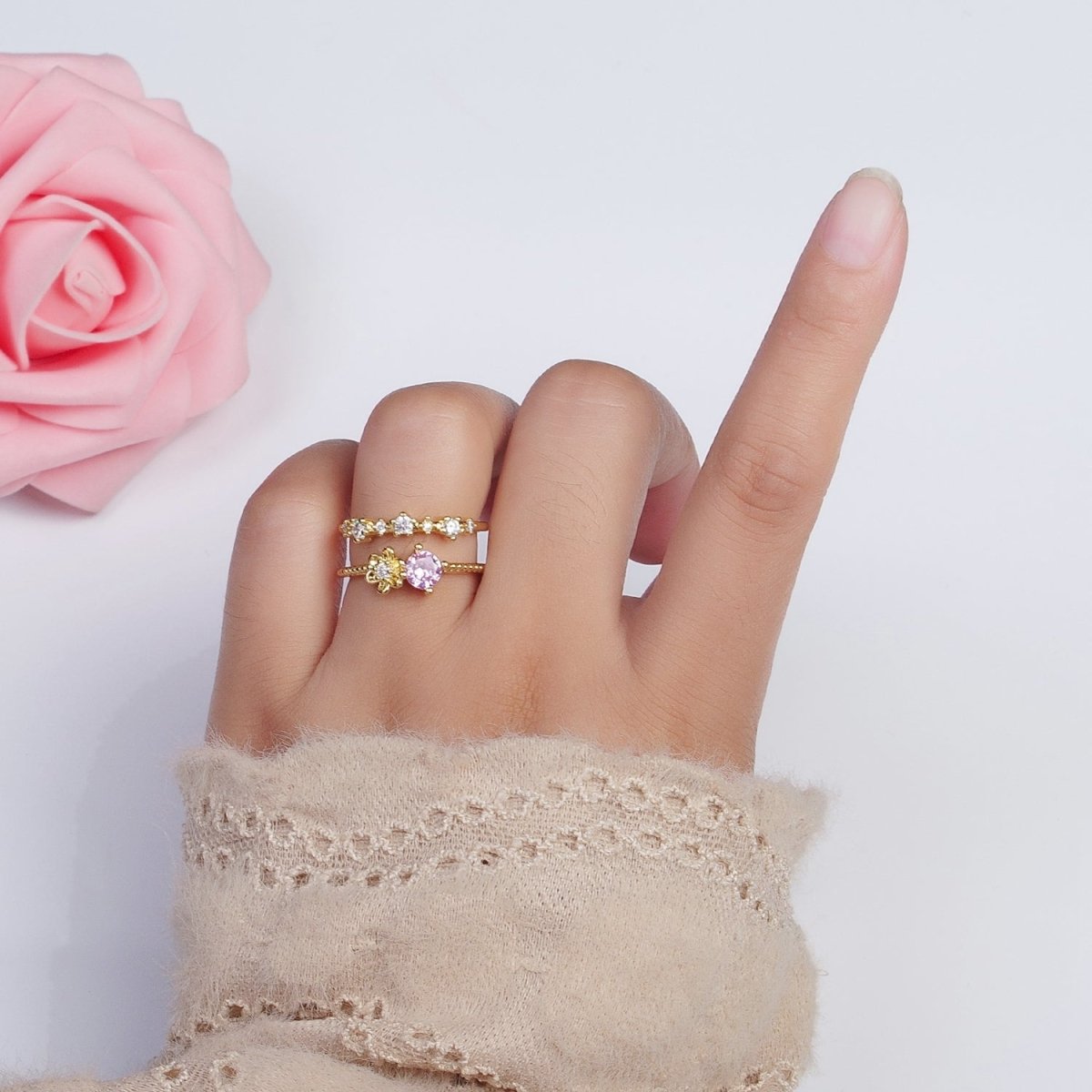 Gold Double Band Clear, Dark Blue, Pink, Green, Red, Light Blue Cubic Zirconia Beaded Ring | Y-392 ~ Y-397 - DLUXCA