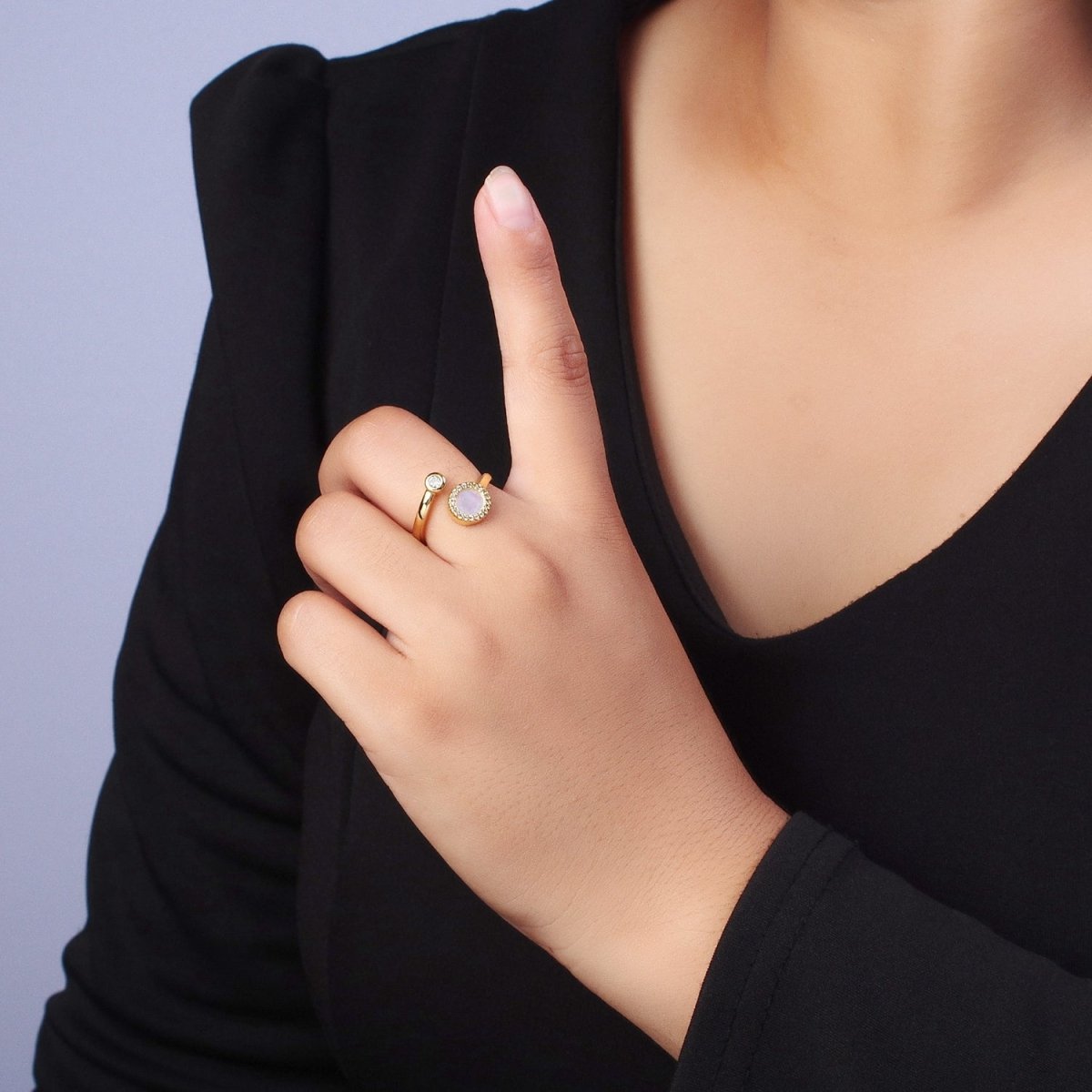 Gold Double Round Micro Paved CZ Shell Pearl, Cubic Zirconia Adjustable Open Ring | Y-387 - DLUXCA