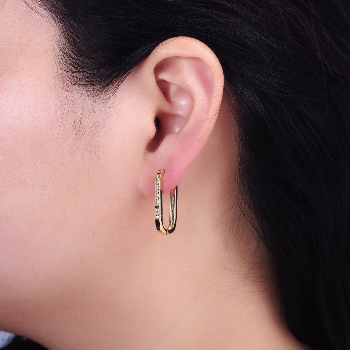 Gold Double Sided Textured Micro Paved Oblong U-Shaped Hoop Earrings in Silver & Gold | AB651 AB886 - DLUXCA