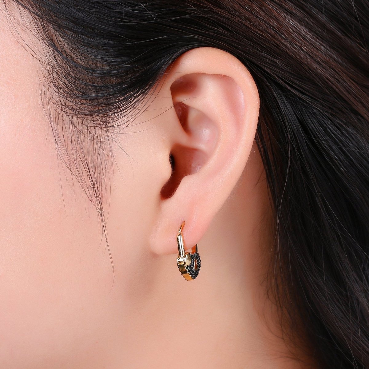 Gold earrings with Cz padlock charm, Heart Lock Charm Gold Mini Hoops Micro Pave Czl Hoops Minimalist and everyday use hoops K-627 - K-632 - DLUXCA