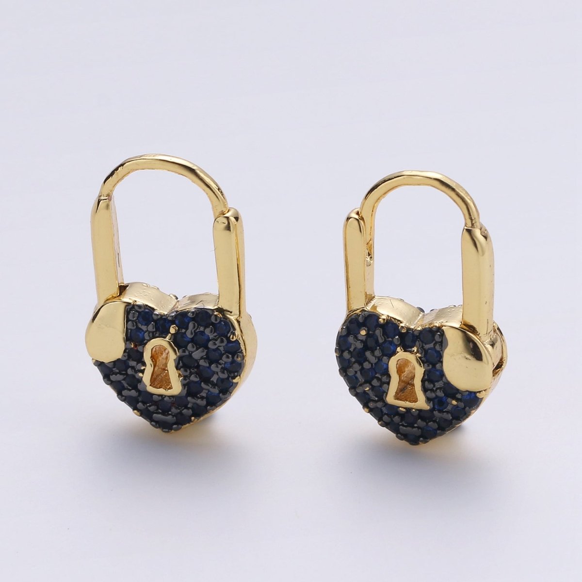 Gold earrings with Cz padlock charm, Heart Lock Charm Gold Mini Hoops Micro Pave Czl Hoops Minimalist and everyday use hoops K-627 - K-632 - DLUXCA