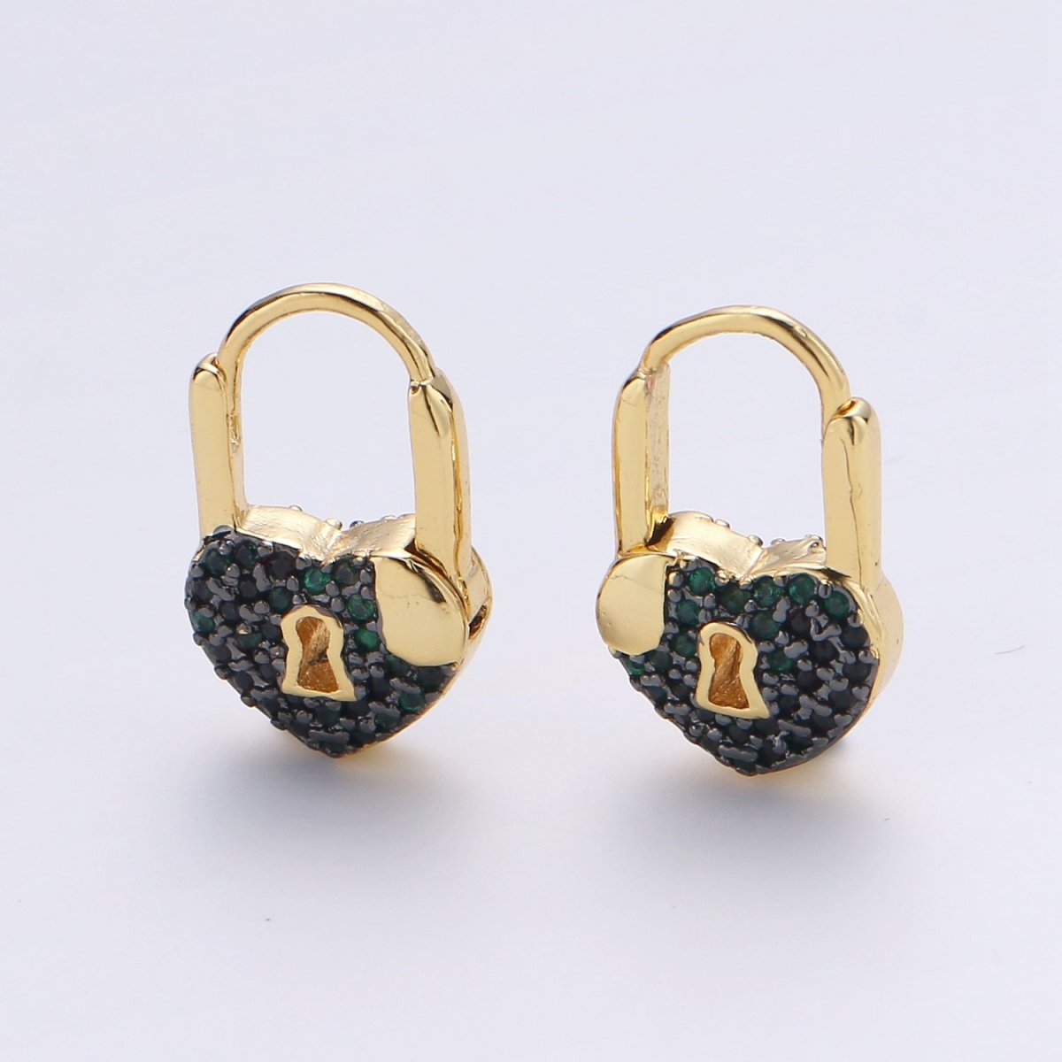 Gold earrings with Cz padlock charm, Heart Lock Charm Gold Mini Hoops Micro Pave Czl Hoops Minimalist and everyday use hoops K-627 - K-632 - DLUXCA