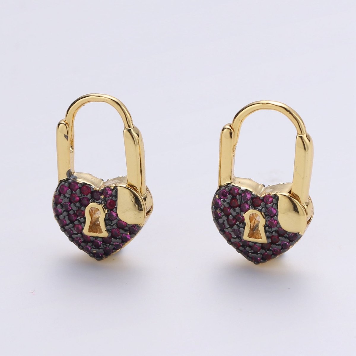 Gold earrings with Cz padlock charm, Heart Lock Charm Gold Mini Hoops Micro Pave Czl Hoops Minimalist and everyday use hoops K-627 - K-632 - DLUXCA