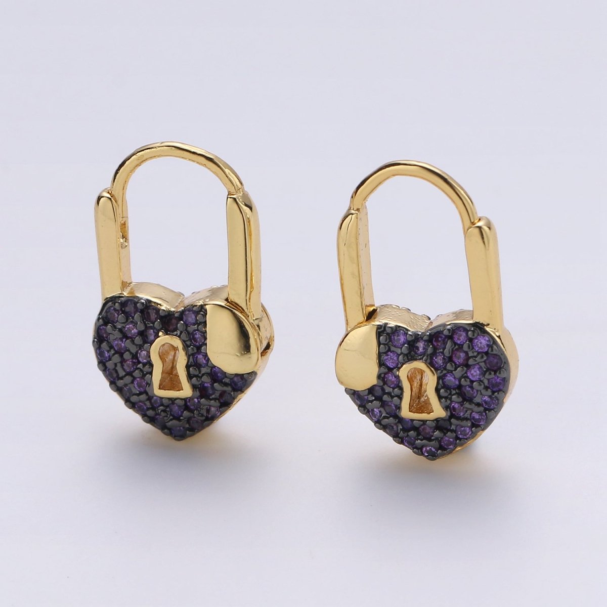 Gold earrings with Cz padlock charm, Heart Lock Charm Gold Mini Hoops Micro Pave Czl Hoops Minimalist and everyday use hoops K-627 - K-632 - DLUXCA