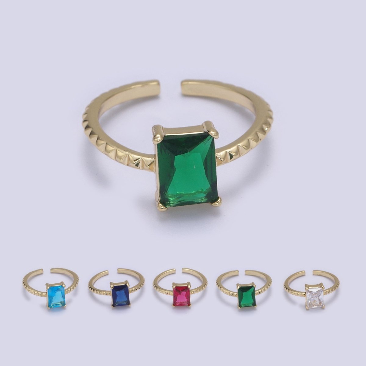Gold Emerald Cut Blue Pink Green Clear Aqua CZ Dainty Cocktail Ring Open Adjustable U-239~U-243 - DLUXCA