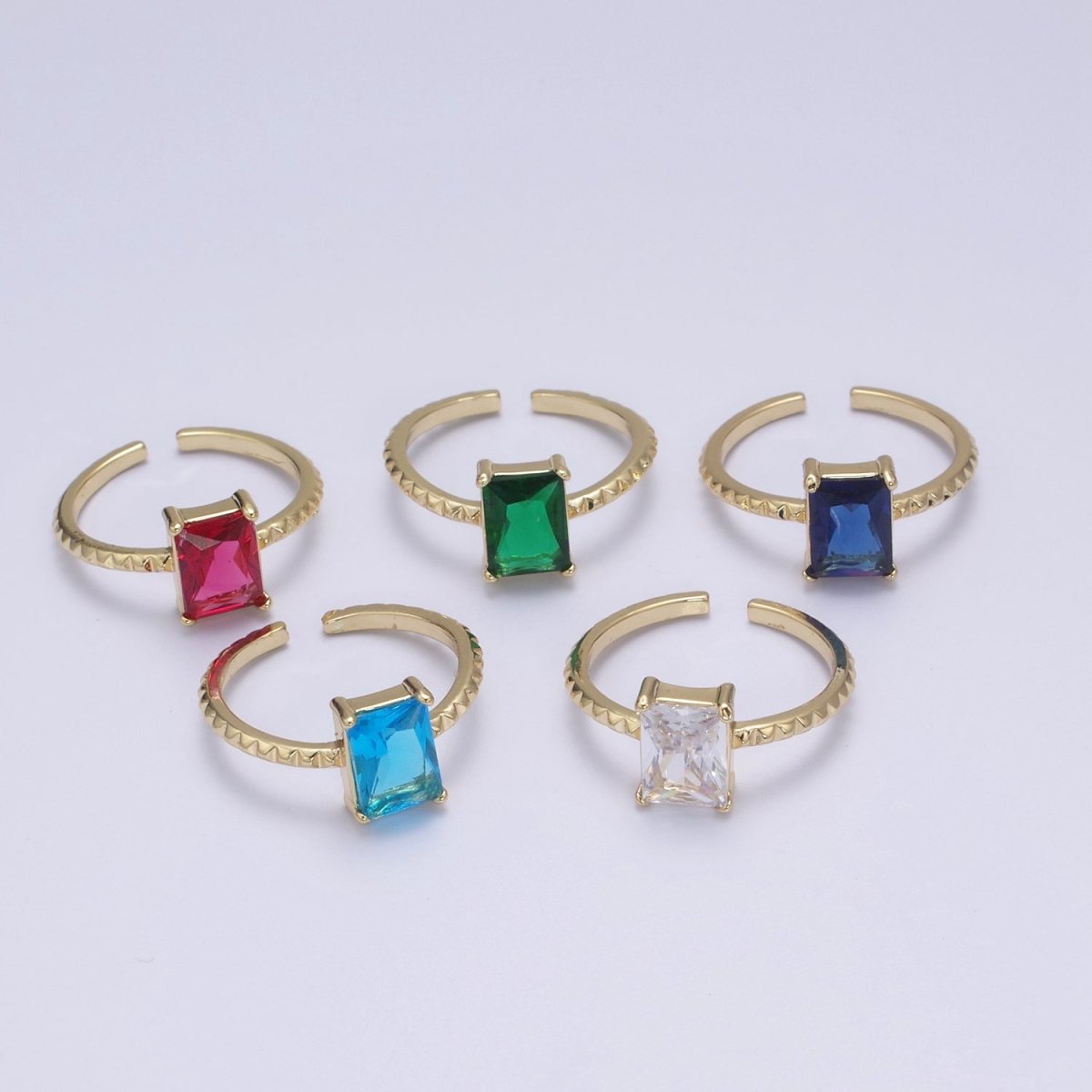 Gold Emerald Cut Blue Pink Green Clear Aqua CZ Dainty Cocktail Ring Open Adjustable U-239~U-243 - DLUXCA