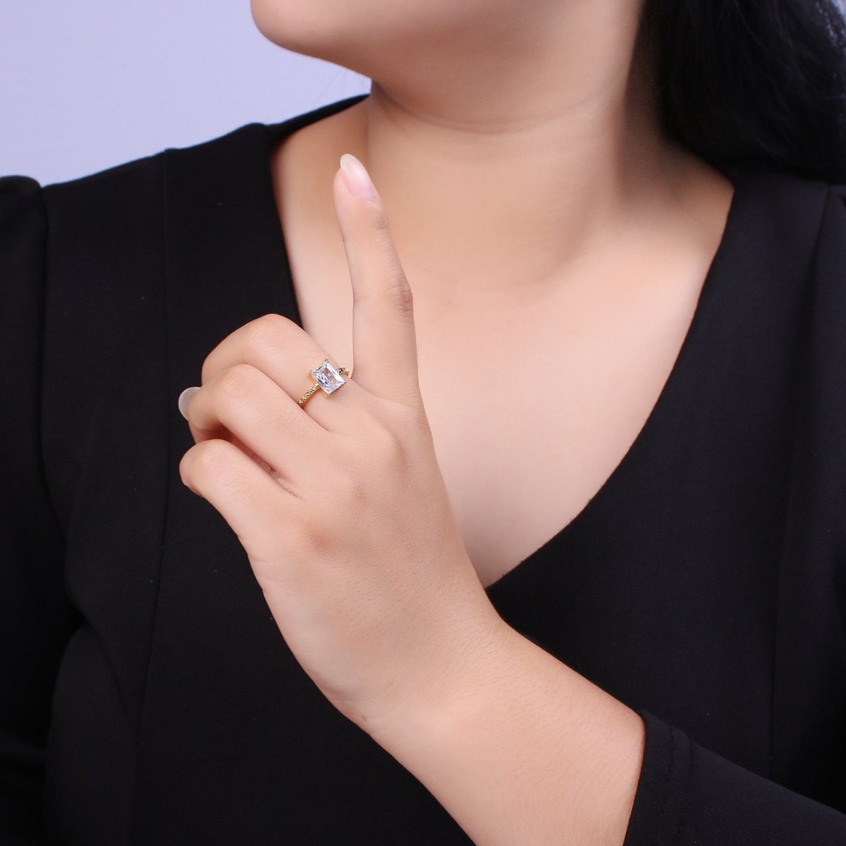 Gold Emerald Cut Blue Pink Green Clear Aqua CZ Dainty Cocktail Ring Open Adjustable U-239~U-243 - DLUXCA