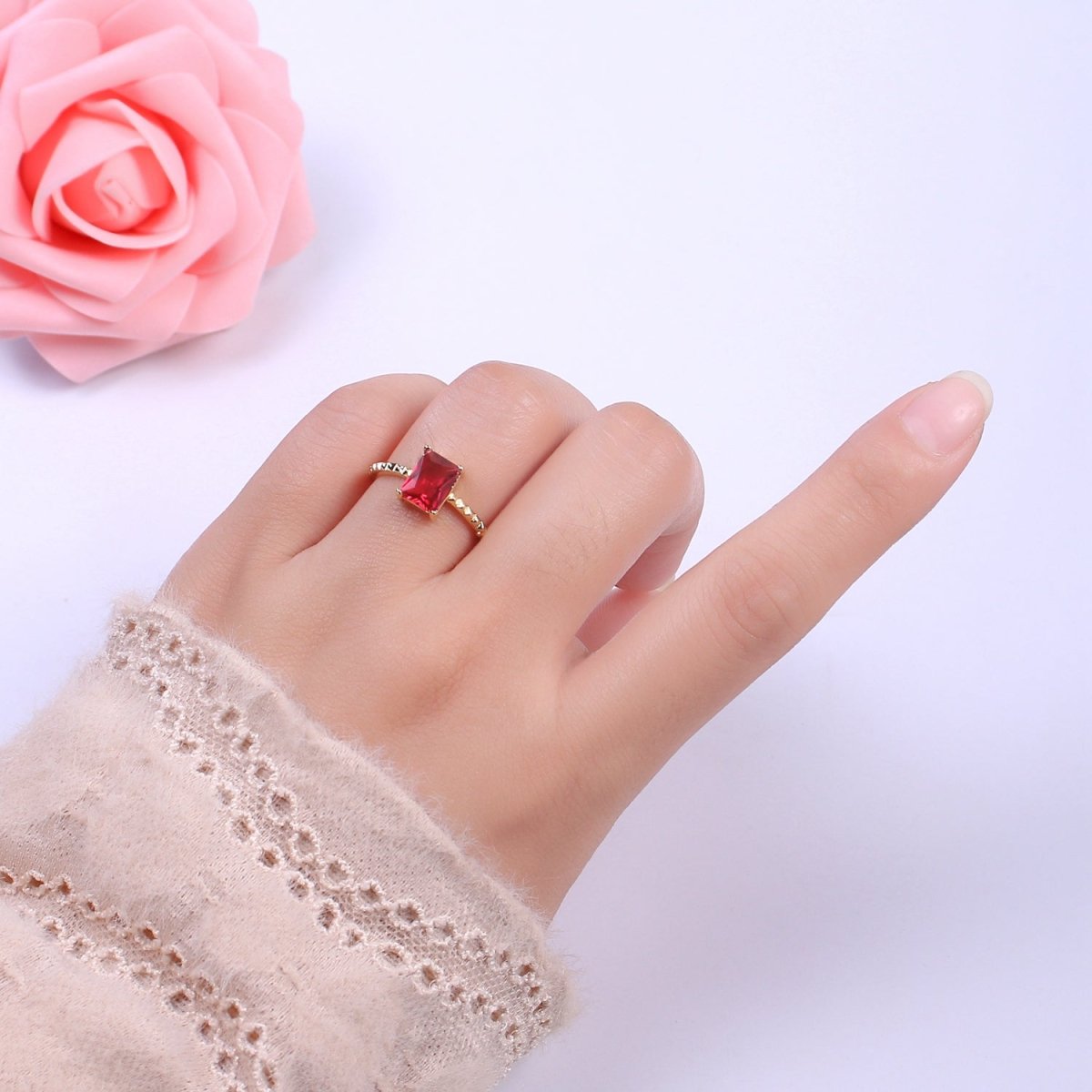 Gold Emerald Cut Blue Pink Green Clear Aqua CZ Dainty Cocktail Ring Open Adjustable U-239~U-243 - DLUXCA