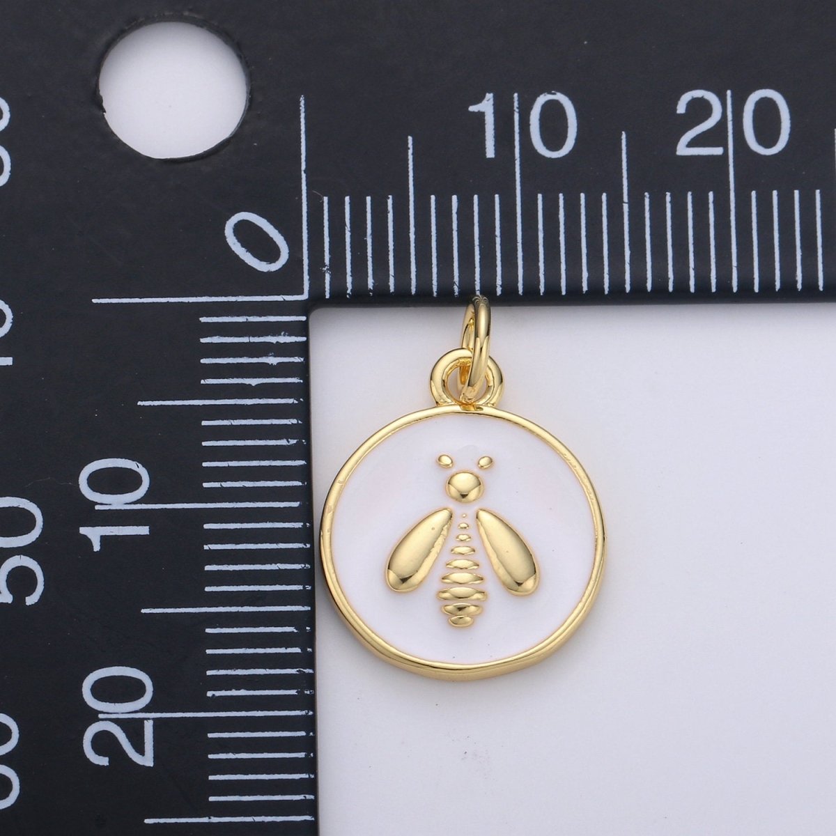 Gold Enamel Bee Charms, White Enamel Bee, Gold Cubic Bee charm in Round DIsc Charm Medallion for Necklace Dainty Bumbell bee charm D-548 - DLUXCA