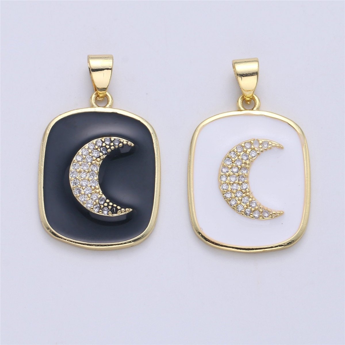 Gold Enamel Moon Charm Military Tag Pendant, Black White Celestial Charm, Enamel Jewelry for Necklace Component I-450 I-451 - DLUXCA