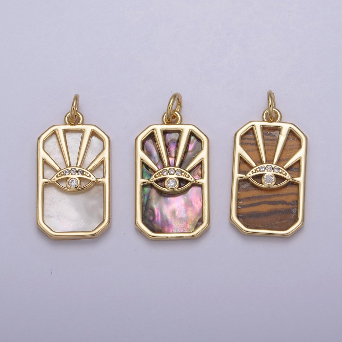 Gold Evil Eye Charm Necklace, Tiger Eye, Abalone, Pearl Evil Eye Charm Necklace, Rectangle Evil Eye Charm, Evil Eye Tag, Square Evil Eye Charm, Eye of Ra N-774 - N-776 - DLUXCA