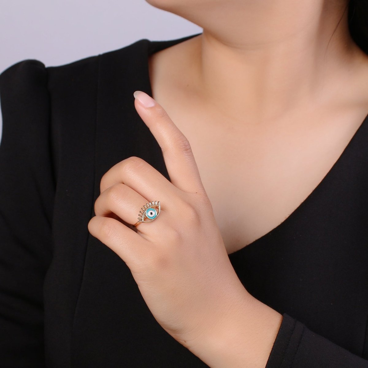 Gold Evil Eye Enamel Ring, Greek Eye Ring, Jewelry, Open Adjustable Stackable Ring, Gift For Women, Black Blue Red Accessory, Large Evil Eye O-315 ~ O-318 - DLUXCA