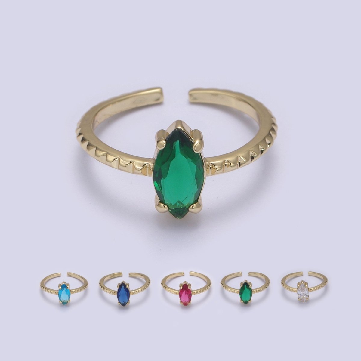 Gold Eye Cut Blue Pink Green Clear Aqua CZ Dainty Cocktail Ring Open Adjustable U-244 ~ U-248 - DLUXCA