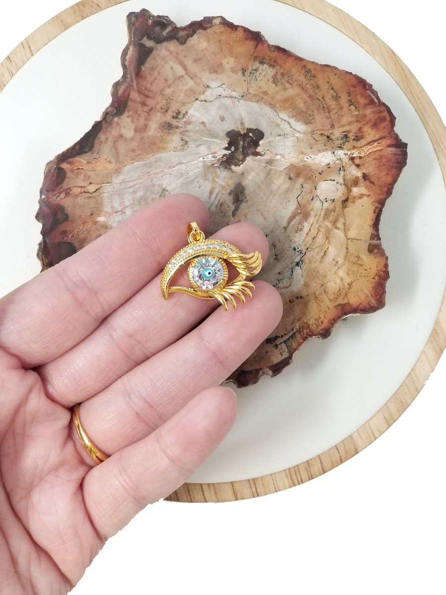 Gold Eyelash Charm | CZ Evil Eye with Lashes | Micro Pave Charm | 18k Gold Fill Evil Eye Eyelash Pendant | DIY Necklace Evil Eye Pendant I-032 - DLUXCA