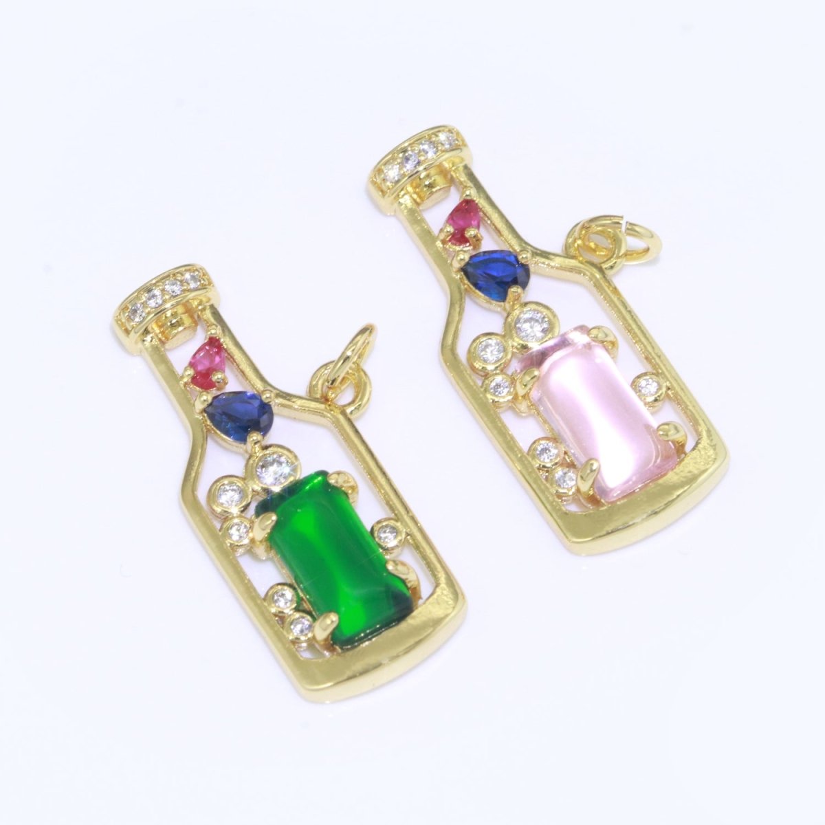Gold Fill Love Spell Charm- Pink Green Glass Powers Of Love - Love Potion - Wine Bottle Spell Charm for Dainty Minimalist jewelry Component M-548 M-549 - DLUXCA