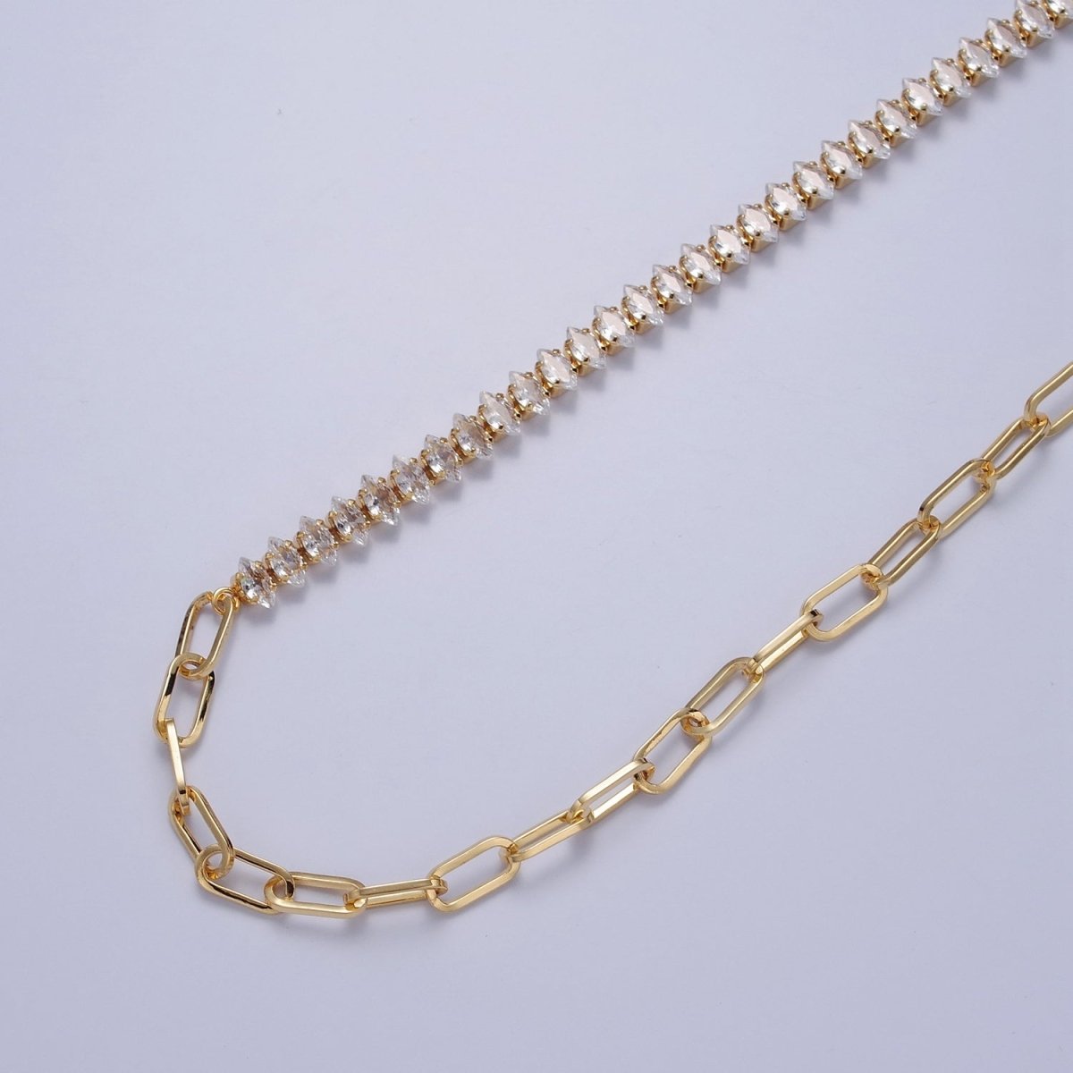 Gold Filled 16 Inch Half Clear CZ Marquise Tennis Chain, Half Paperclip Chain Necklace in Gold & Silver Color | WA-957 WA-958 Clearance Pricing - DLUXCA