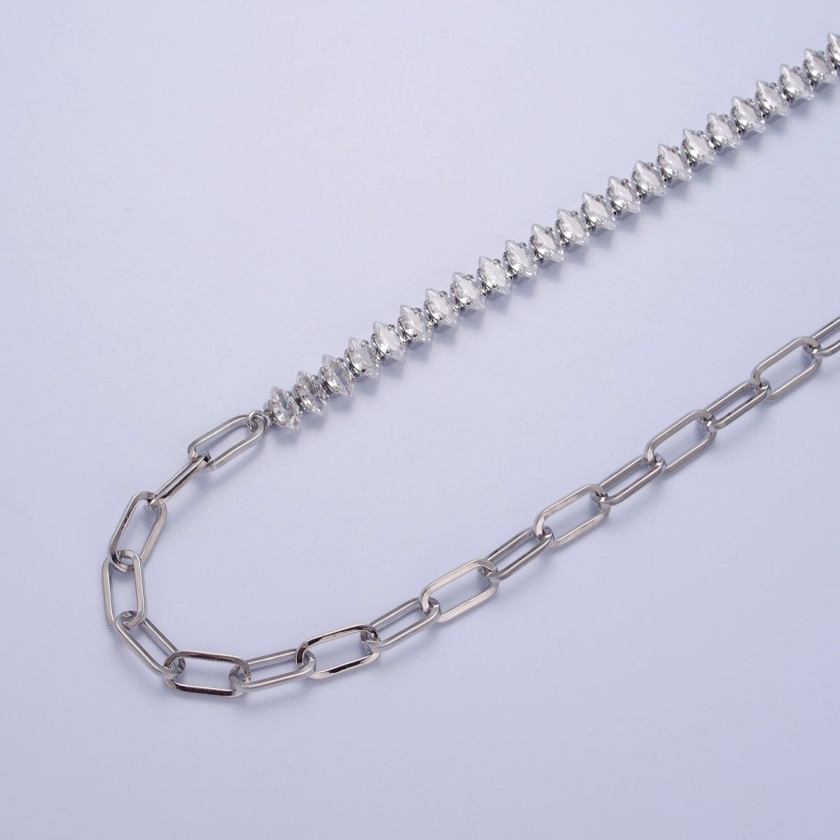 Gold Filled 16 Inch Half Clear CZ Marquise Tennis Chain, Half Paperclip Chain Necklace in Gold & Silver Color | WA-957 WA-958 Clearance Pricing - DLUXCA