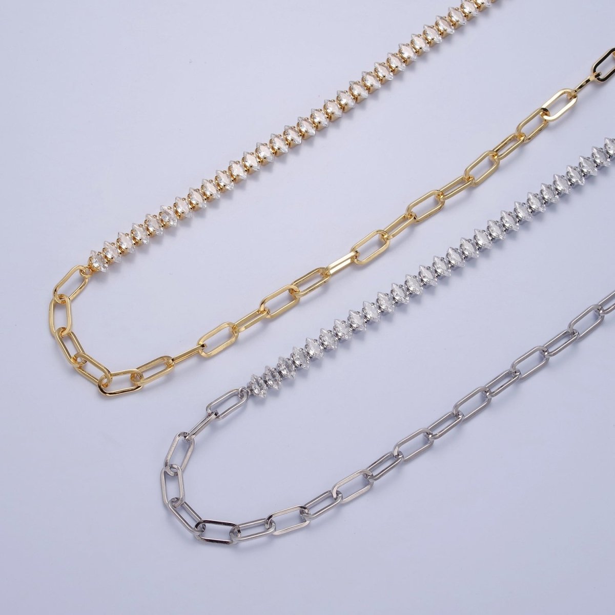 Gold Filled 16 Inch Half Clear CZ Marquise Tennis Chain, Half Paperclip Chain Necklace in Gold & Silver Color | WA-957 WA-958 Clearance Pricing - DLUXCA