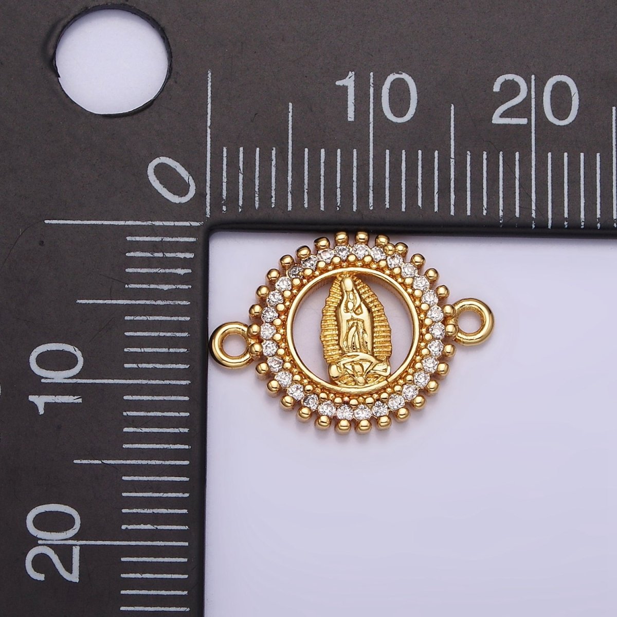 Gold Filled 17.5mm Lady Guadalupe Mary Open CZ Lined Beaded Round Connector G-720 - DLUXCA