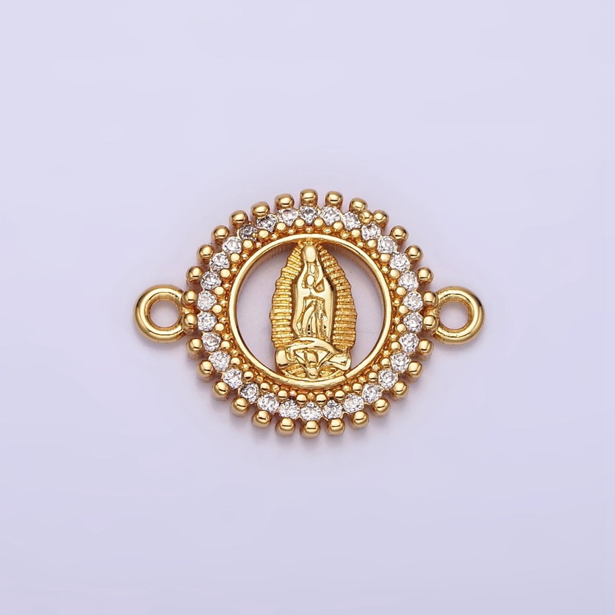 Gold Filled 17.5mm Lady Guadalupe Mary Open CZ Lined Beaded Round Connector G-720 - DLUXCA