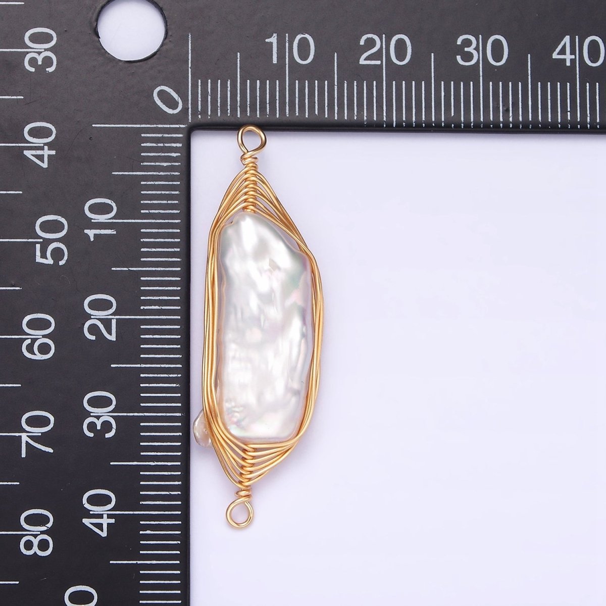 Gold Filled 41.5mm White Baroque Freshwater Pearl Wire Wrapped Connector G-662 - DLUXCA