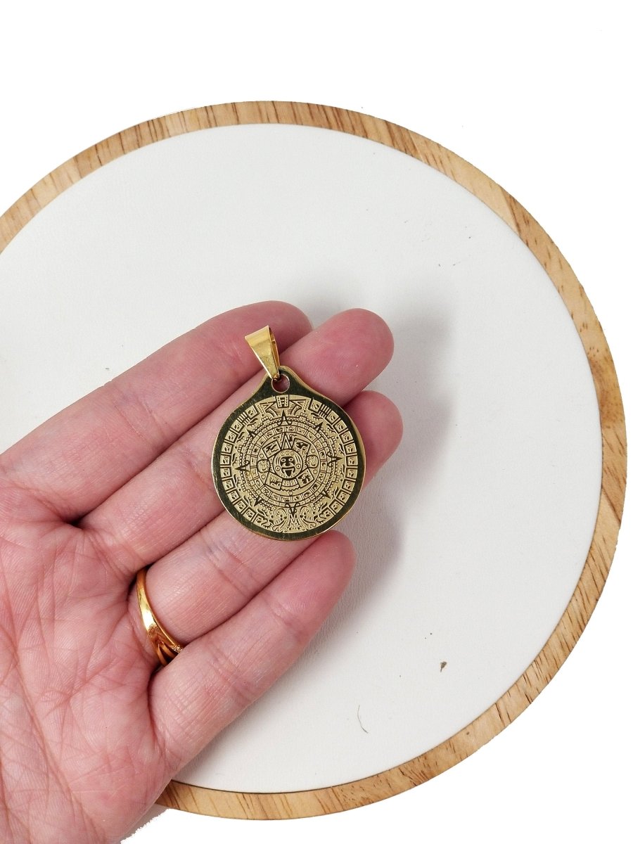 Gold Filled Aztec Mayan Sun Calendar Medallion Pendant Gold Aztec Coin Pendant Boho Charm for Layer Necklace Jewelry Making J-616 - DLUXCA
