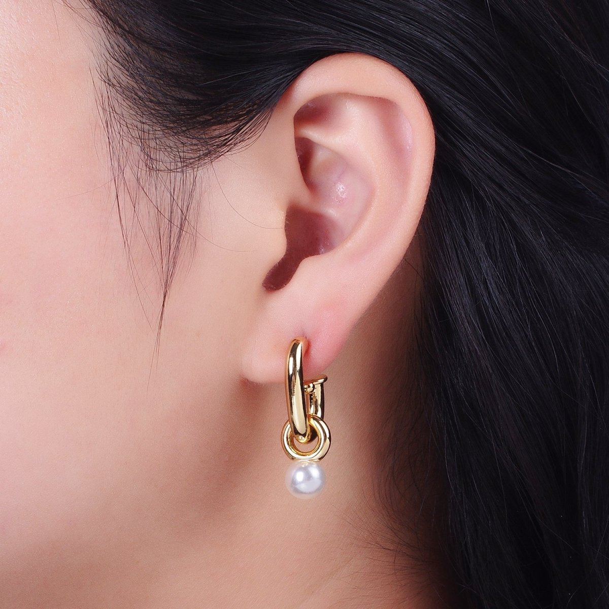Gold Filled Boxy J-Shaped Round Pearl Drop Hoop Earrings in Gold & Silver | Y-260 Y-261 - DLUXCA