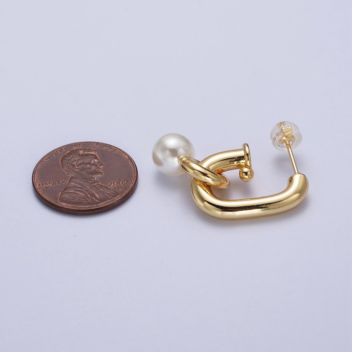 Gold Filled Boxy J-Shaped Round Pearl Drop Hoop Earrings in Gold & Silver | Y-260 Y-261 - DLUXCA