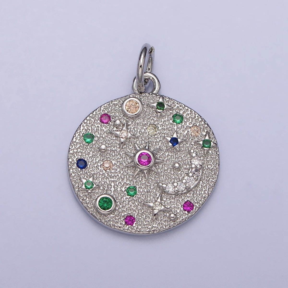 Gold Filled Celestial CZ Crescent Moon Star Sun Dotted Hammered Coin Charm in Gold & Silver | AC256 AC257 - DLUXCA