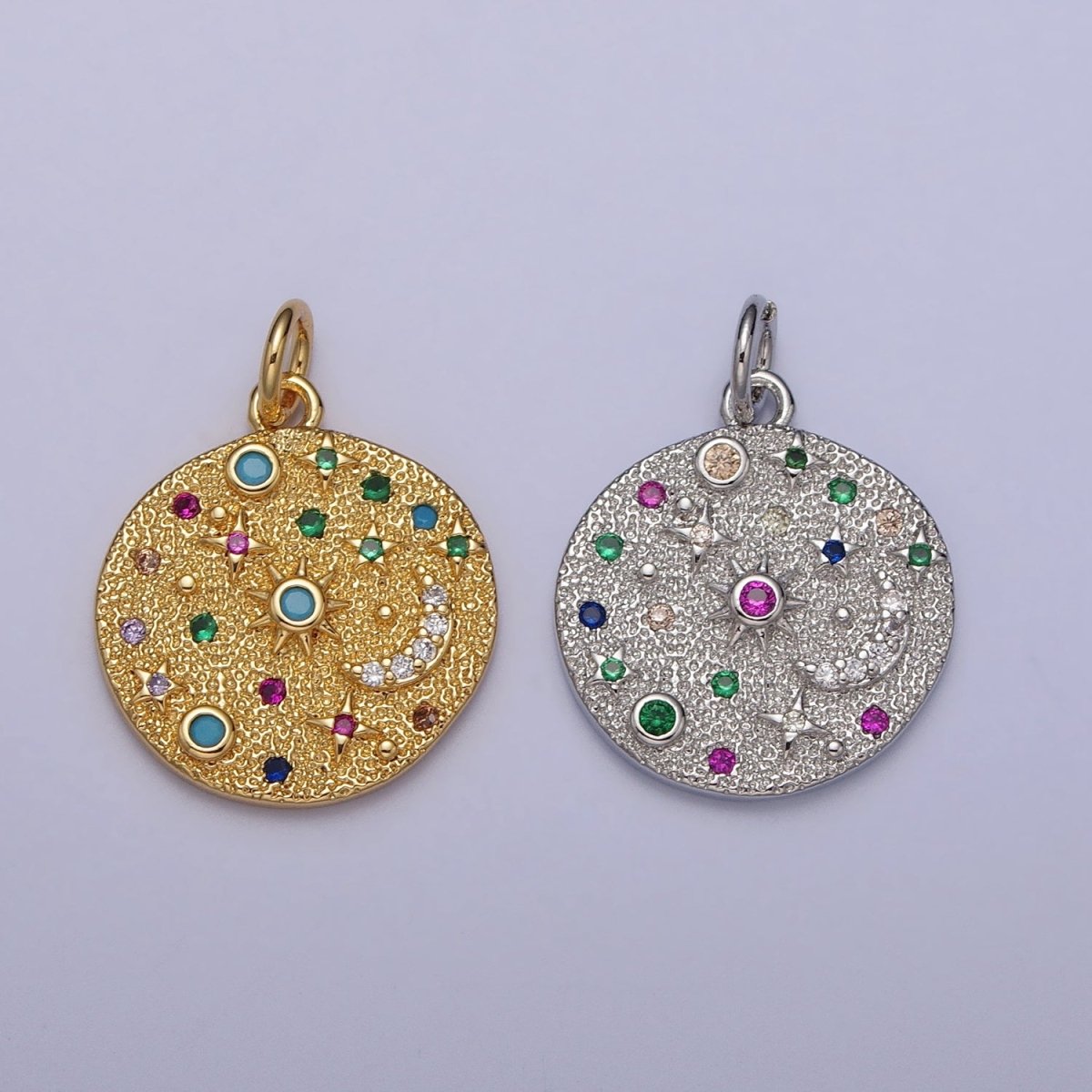 Gold Filled Celestial CZ Crescent Moon Star Sun Dotted Hammered Coin Charm in Gold & Silver | AC256 AC257 - DLUXCA