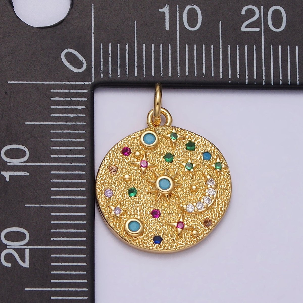 Gold Filled Celestial CZ Crescent Moon Star Sun Dotted Hammered Coin Charm in Gold & Silver | AC256 AC257 - DLUXCA