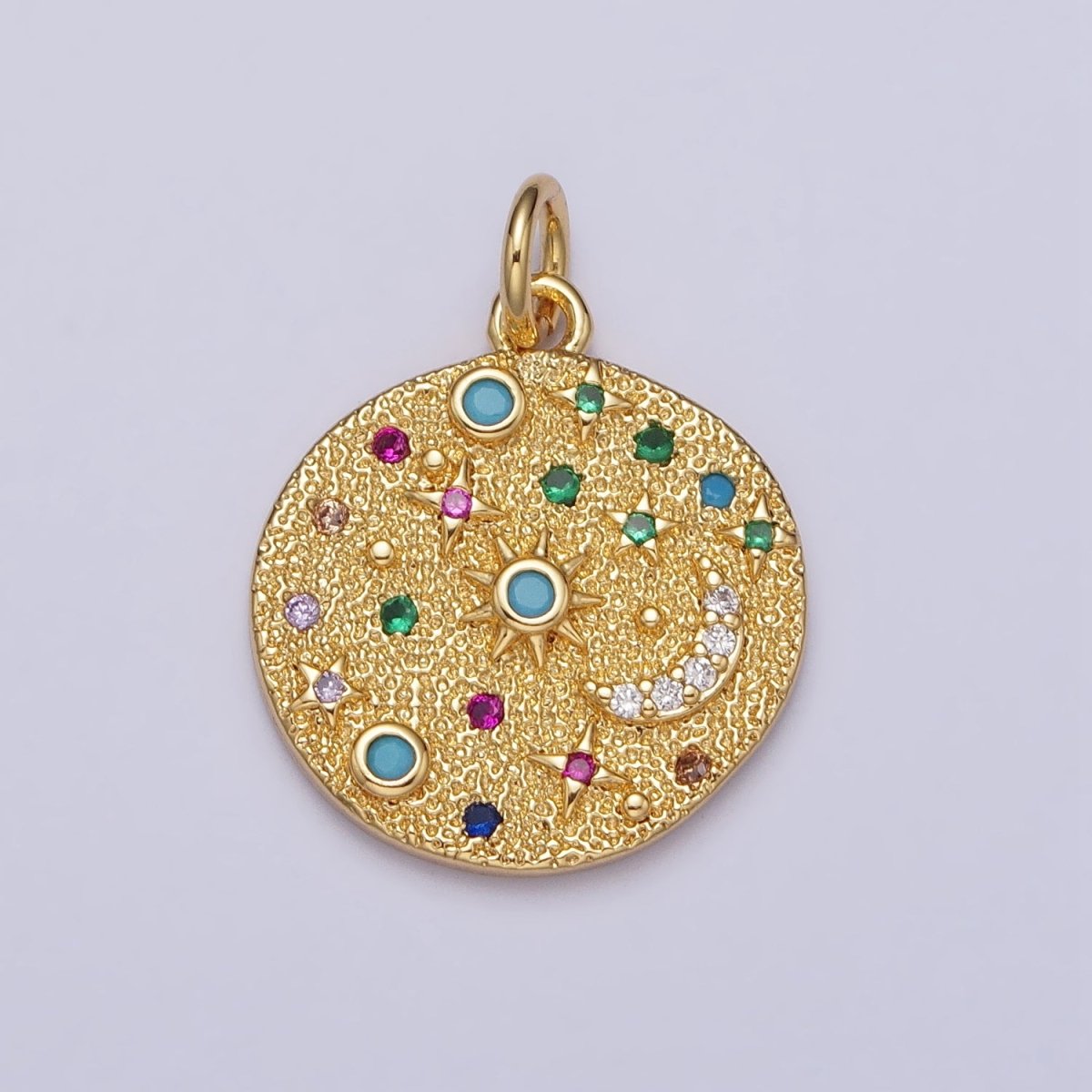 Gold Filled Celestial CZ Crescent Moon Star Sun Dotted Hammered Coin Charm in Gold & Silver | AC256 AC257 - DLUXCA