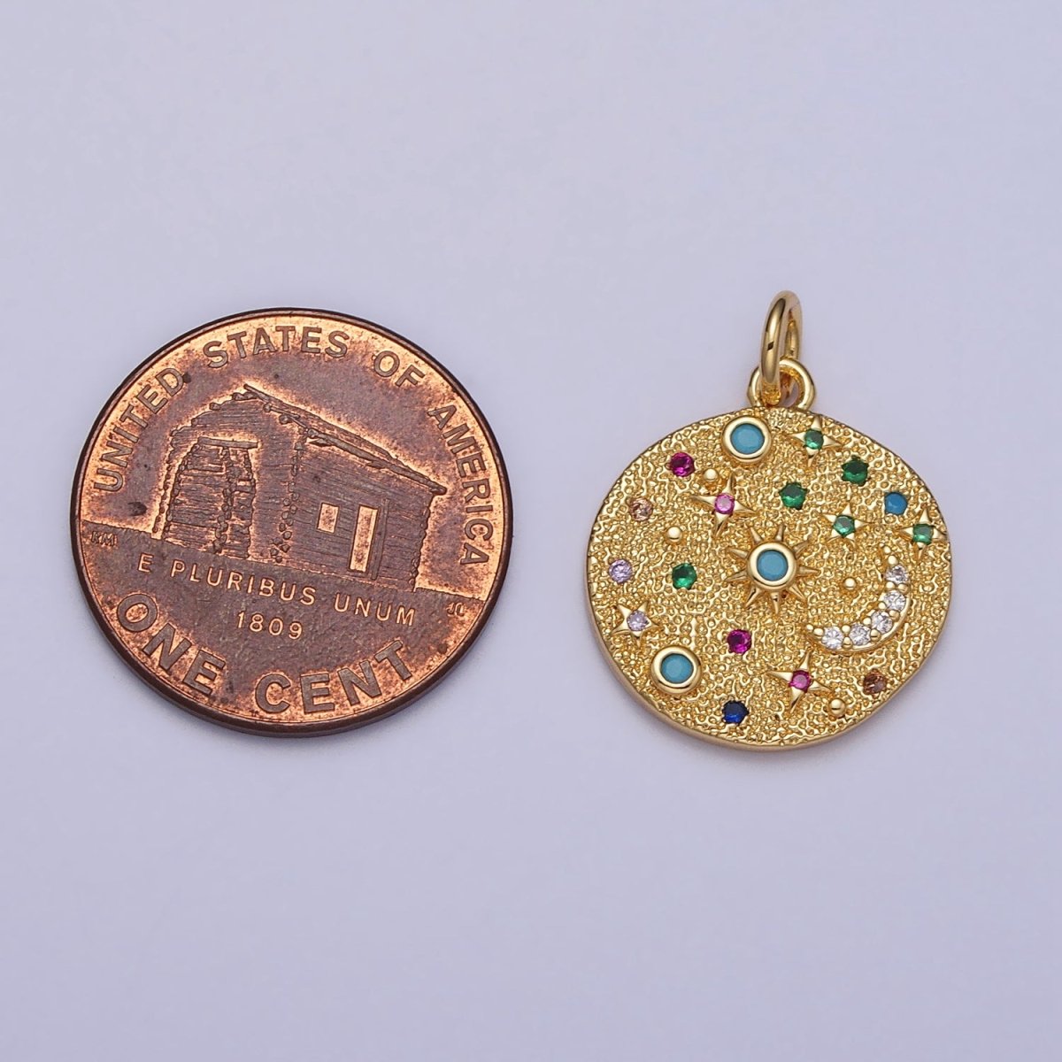 Gold Filled Celestial CZ Crescent Moon Star Sun Dotted Hammered Coin Charm in Gold & Silver | AC256 AC257 - DLUXCA