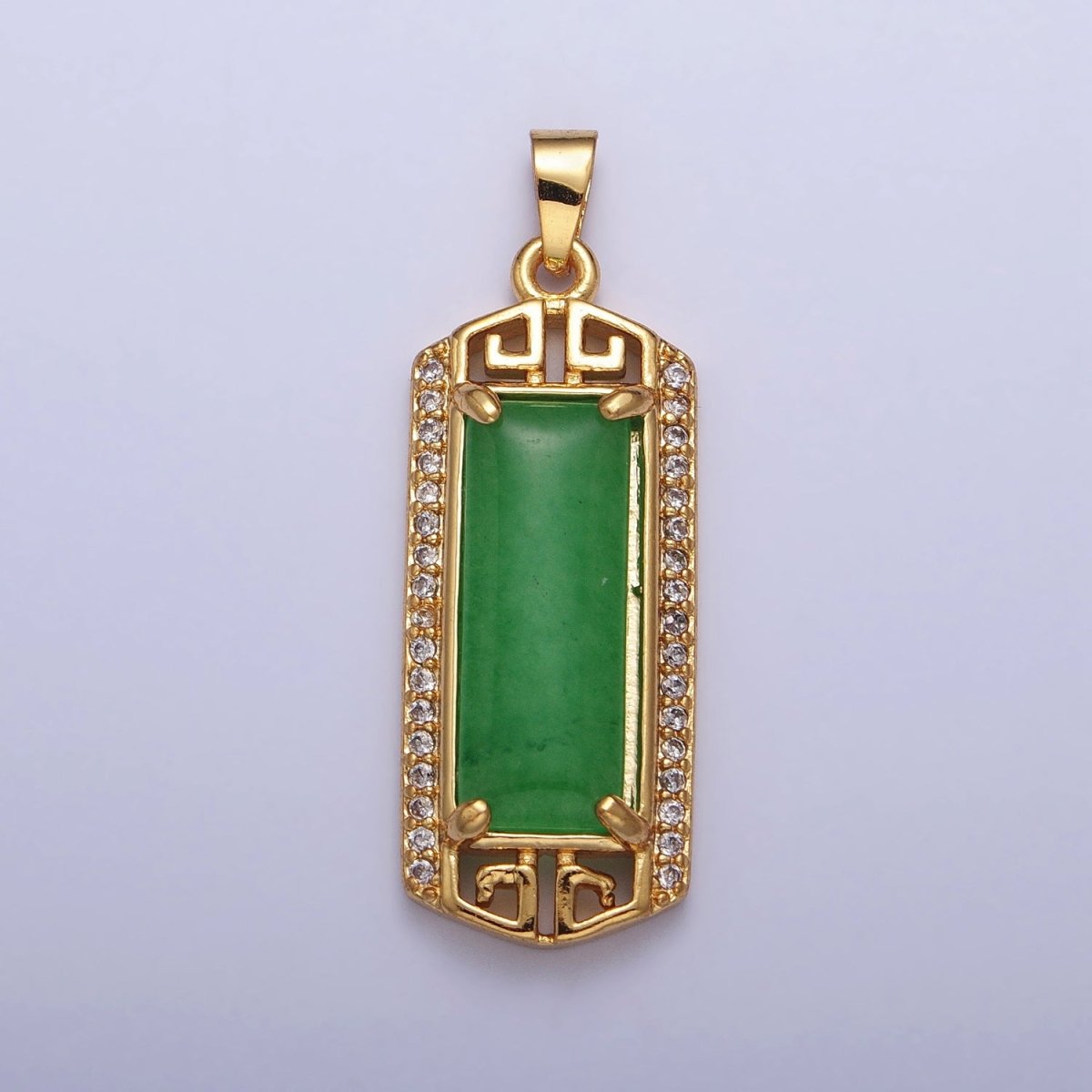 Gold Filled Clear Micro Paved CZ Green Jade Bar Pendant in Gold & Silver | AA097 AA098 - DLUXCA