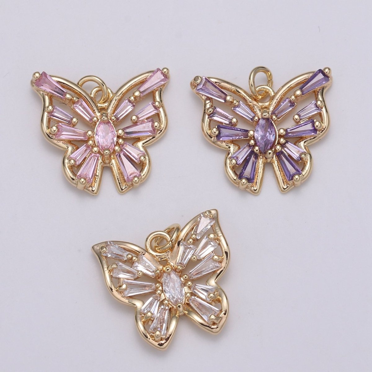 Gold Filled Clear, Pink, Purple Baguette Butterfly Wings Mini Charm E-100 - E-102 - DLUXCA