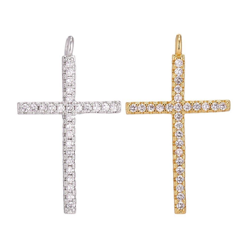 Gold Filled Cross, Golden Jesus, Faith, Believe, Pray, Love Cubic Zirconia Necklace Pendant Charm Bead Bails Findings for Jewelry Making C-154 - DLUXCA