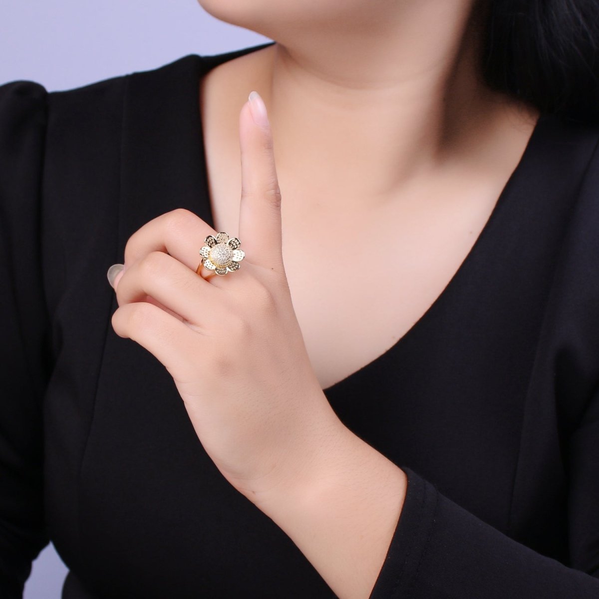 Gold Filled Daisy Flower Ring - Statement Flower Ring - Stackable Ring - 3D Flower Ring Size 7,8,9 U-102~U-104 - DLUXCA