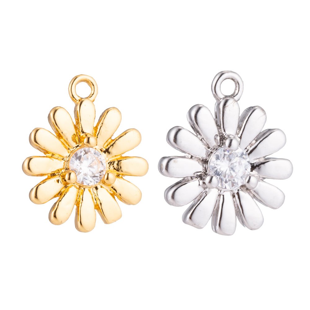 Gold Filled Daisy Sunflower, Flower, Floral, Botanical Love Cubic Zirconia Bracelet Charm, Necklace Pendant, Findings for Jewelry Making C-211 E-162 - DLUXCA