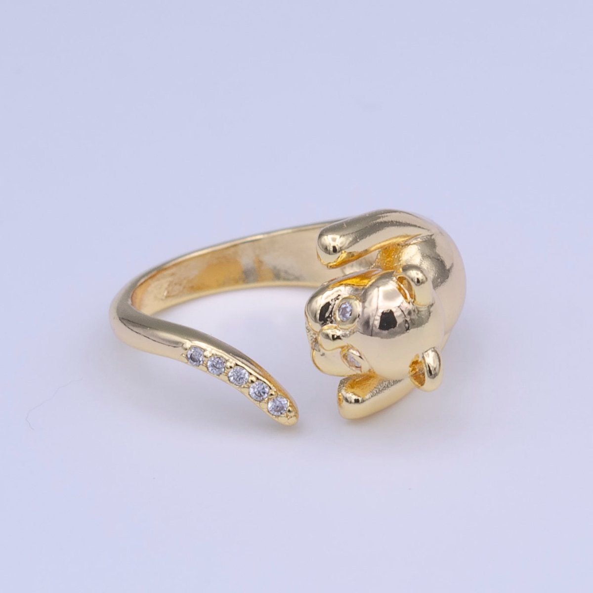 Gold Filled Dog Pug Chasing Tail Micro Paved CZ Adjustable Ring | Y-418 - DLUXCA