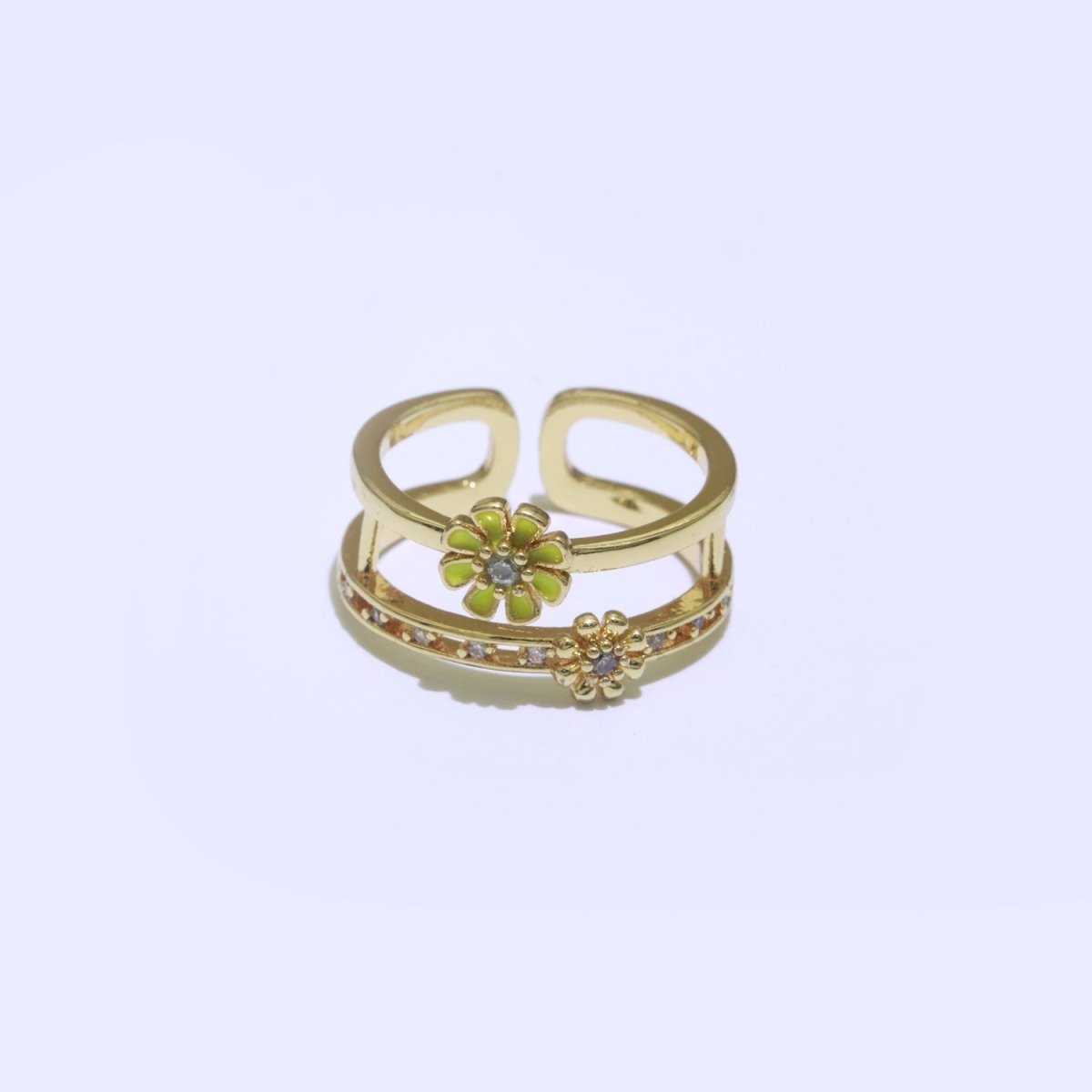 Gold Filled Double band Daisy Ring Enamel Open Adjustable Ring Flower Floral Jewelry O-466 ~ O-475 - DLUXCA