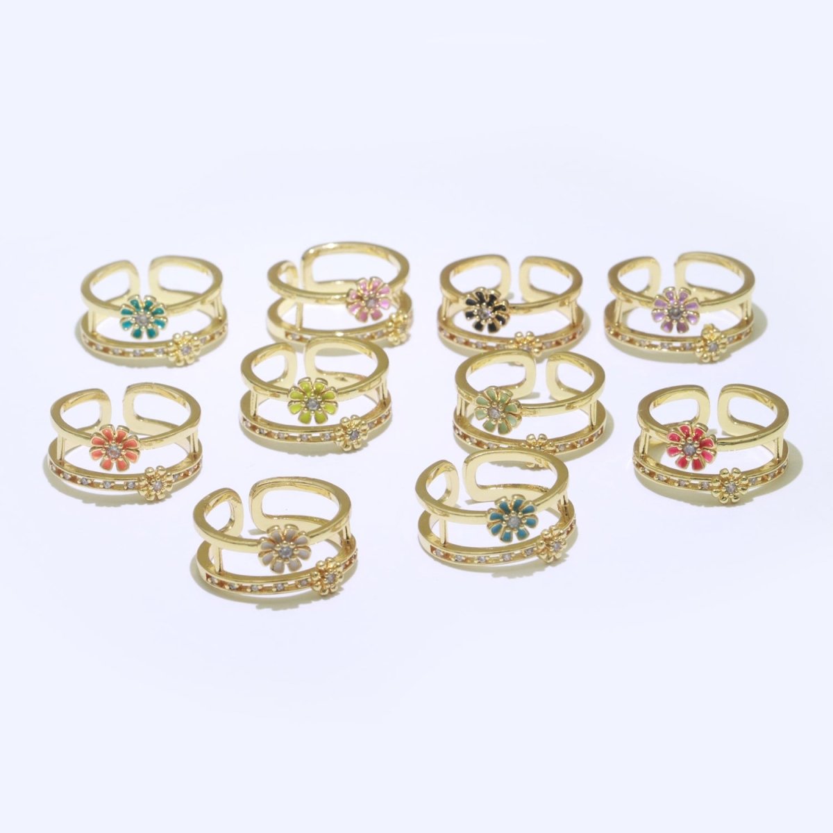 Gold Filled Double band Daisy Ring Enamel Open Adjustable Ring Flower Floral Jewelry O-466 ~ O-475 - DLUXCA