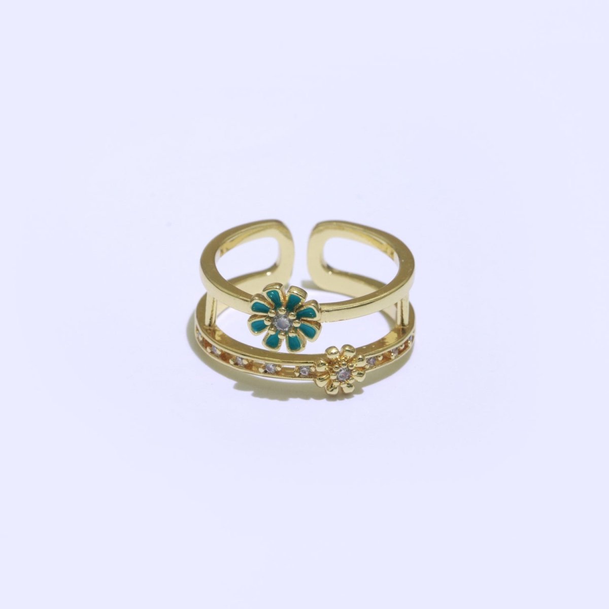 Gold Filled Double band Daisy Ring Enamel Open Adjustable Ring Flower Floral Jewelry O-466 ~ O-475 - DLUXCA