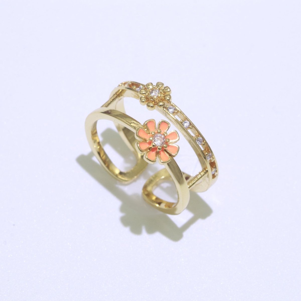 Gold Filled Double band Daisy Ring Enamel Open Adjustable Ring Flower Floral Jewelry O-466 ~ O-475 - DLUXCA