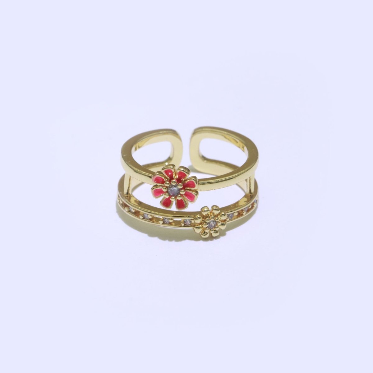 Gold Filled Double band Daisy Ring Enamel Open Adjustable Ring Flower Floral Jewelry O-466 ~ O-475 - DLUXCA
