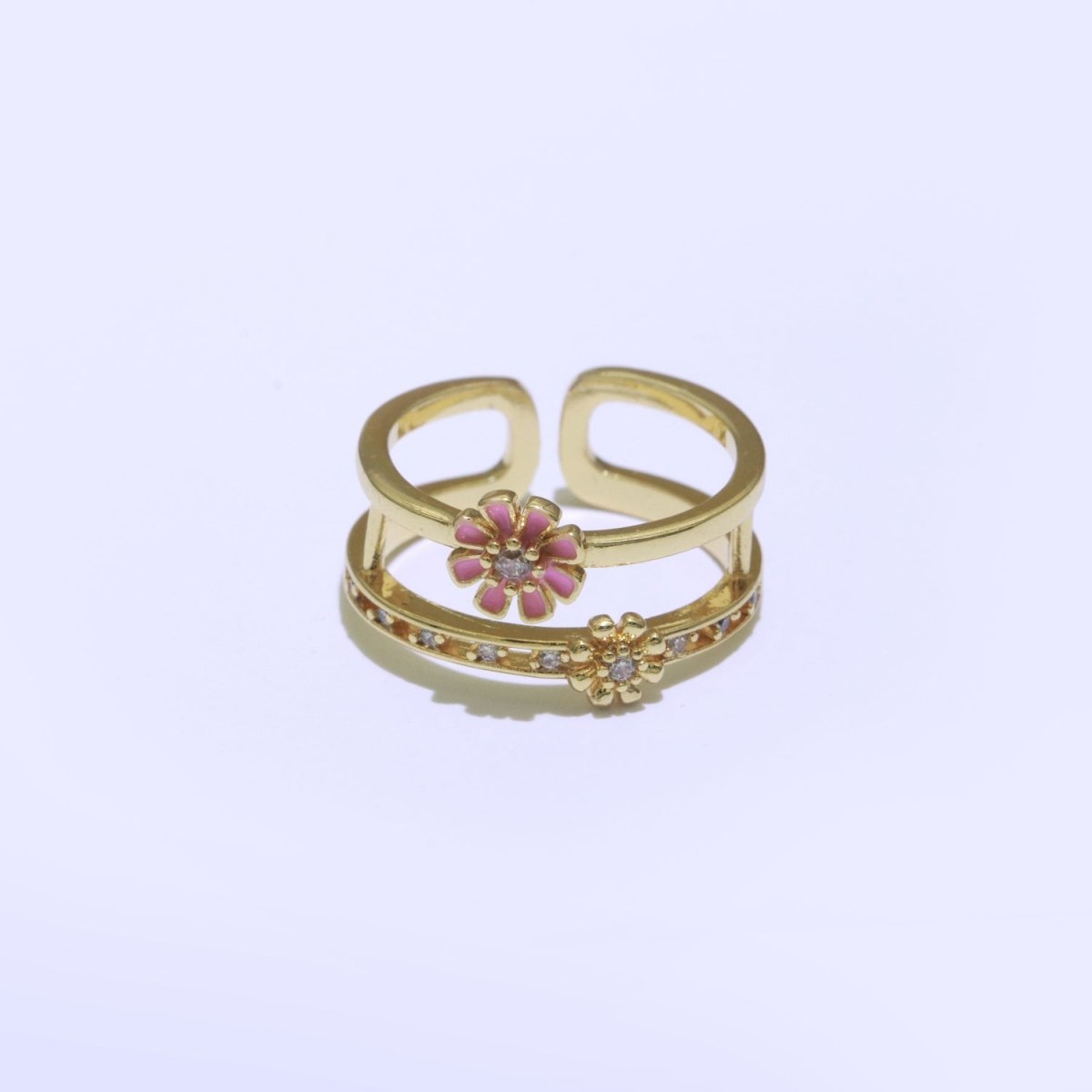 Gold Filled Double band Daisy Ring Enamel Open Adjustable Ring Flower Floral Jewelry O-466 ~ O-475 - DLUXCA