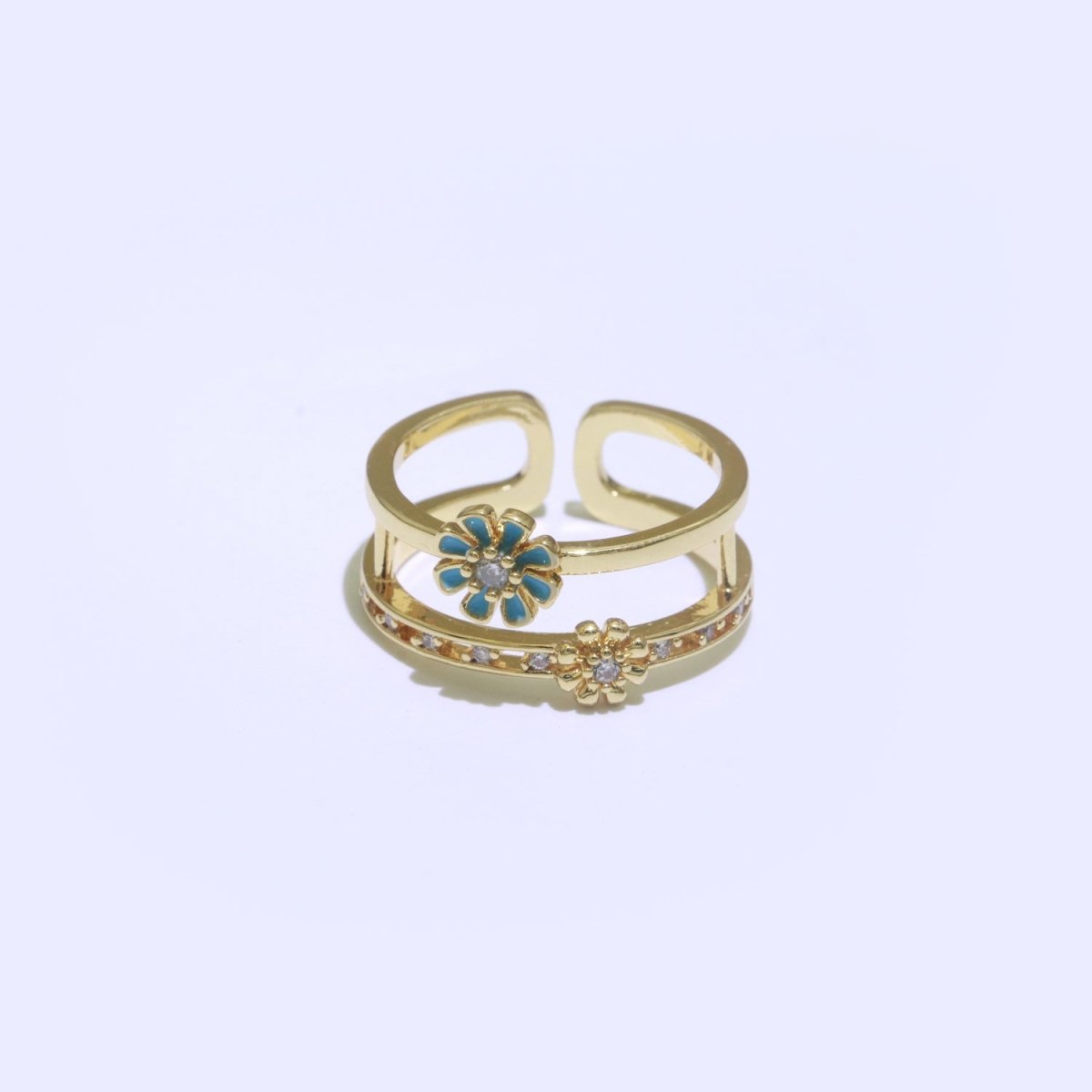 Gold Filled Double band Daisy Ring Enamel Open Adjustable Ring Flower Floral Jewelry O-466 ~ O-475 - DLUXCA