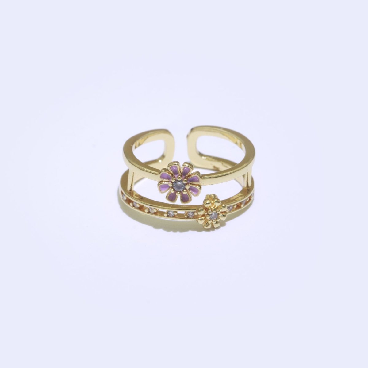 Gold Filled Double band Daisy Ring Enamel Open Adjustable Ring Flower Floral Jewelry O-466 ~ O-475 - DLUXCA